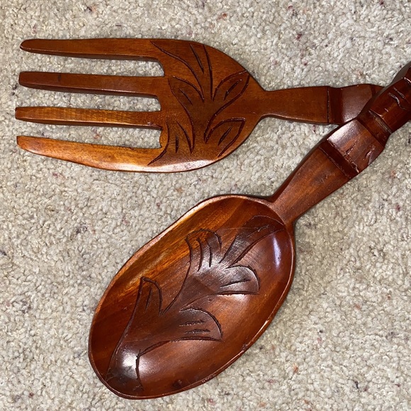 Vintage wooden oversized carved fork and spoon